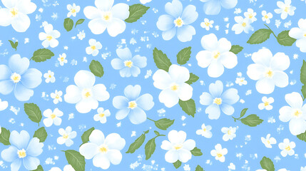 Poster - Serene Floral Pattern Featuring Delicate Blossoms and Verdant Leaves on a Sky Blue Backdrop.