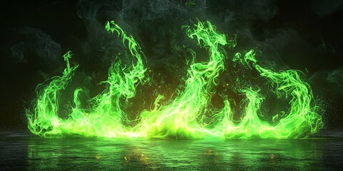 Wall Mural - green fire flames burning on dark floor. abstract background