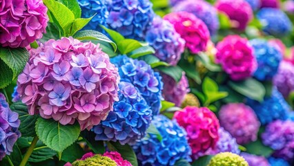 Wall Mural - A vibrant hydrangea bush bursts with colorful flower blooms in this high-resolution stock image.