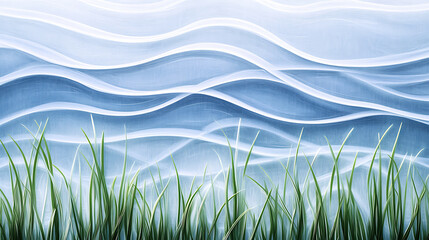 Poster - Serene Water Ripples and Grass Blades in Blue Tones Minimalist Abstract Composition Art Piece.