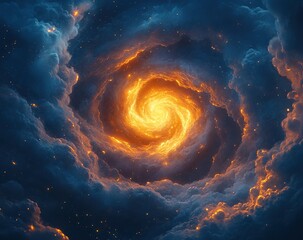 Poster - Fiery Cosmic Swirl: Nebula's Glowing Spiral in Dark Space, Celestial Vortex of Energy and Light