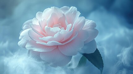 Wall Mural - Delicate pink camellia blossom in soft blue haze.