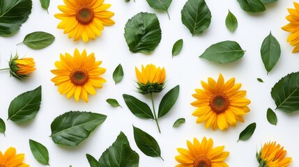 Poster - A beautiful layout showcases yellow sunflowers alongside lush green leaves, bringing a touch of nature's beauty indoors. This vibrant display brightens any space and uplifts the mood