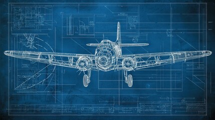 Poster - Classic Blueprint Design of Retro Aircraft Engineering Technical Drawing