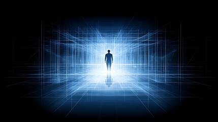 Poster - Silhouette Person Standing Future Abstract Blue Grid SciFi Hallway Way Passage Journey Dimensions.