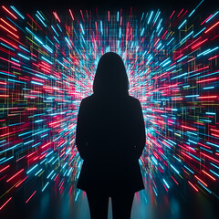 Poster - Silhouette Standing Before Hyperspace Conduit with Abstract Light and Motion Tunnel Aesthetic.