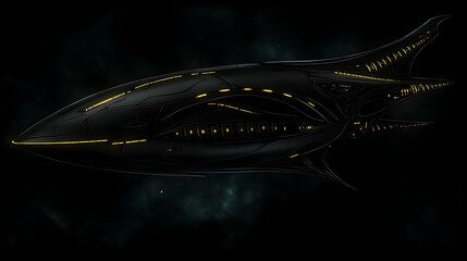 Poster - Sleek Black Spaceship Navigating the Cosmic Void Amidst Distant Stars and Nebulous Galactic Dust.