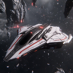 Poster - sleek spacecraft navigating asteroid field exploring new frontiers in the vast expanse of space.