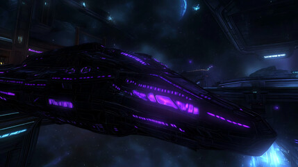 Poster - Sleek Spacecraft Stationed in Orbital Docking Bay with Striking Purple Illumination Aesthetic.