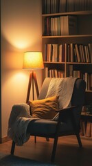 Wall Mural - Stylish Cozy Reading Nook Illuminated with Warm Lighting