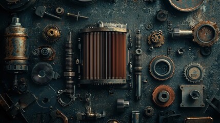 Poster - Creative Composition of Various Mechanical Components on Textured Background