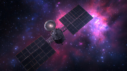 Poster - Space Satellite Amidst Cosmic Nebula and Celestial Starfield Exploring the Universe Beyond Earth.