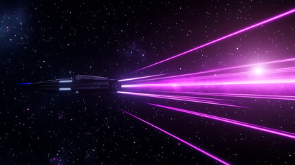 Poster - spaceship bursting through hyperspace with pink light trails amidst stars and nebulae formation.