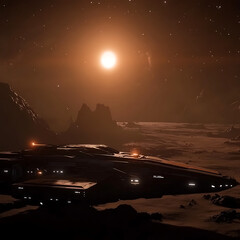 Poster - Spaceship Journey on Red Planet Surface with Starry Sky Adventure in Unexplored Galaxy Scenery.