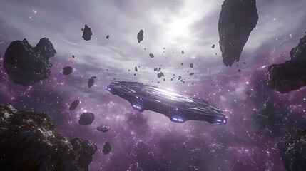 Poster - Spaceship Navigating Asteroids in a Purple Nebula of a Distant Galaxy Exploration Vision.