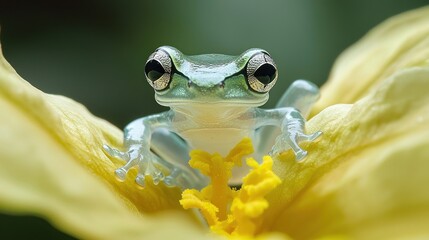 Wall Mural - Close-up of a small, translucent green frog sitting inside a yellow flower.