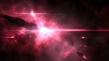 Poster - spaceships engaged in battle with energy bursts amidst a cosmic nebula displaying intense action.