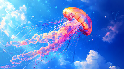 colorful jellyfish in blue sky with clouds. iridescent jellyfish skies. illustration