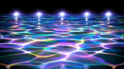 Poster - Sparkling Rainbow Reflective Water Surface With Distant Lights Abstract Serene Visual Art Image.