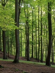 Poster - Lush Green Forest With Tall Trees Bathed In Sunlight Reflecting Nature's Beauty : Generative AI