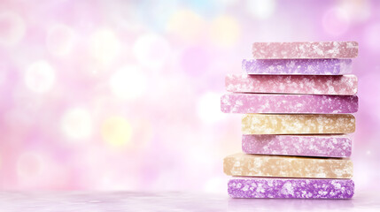 Poster - Stack of Pastel Colored Rectangles on a Blurred Bokeh Background.