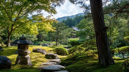 Poster - Serene Japanese Garden with Lush Greenery and Tranquil Pathway in Daylight : Generative AI