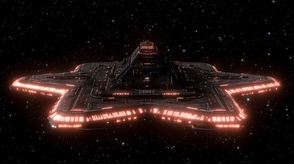 Poster - Star Shaped Spaceship in Dark Starfield Ambience Design Illustration Sci Fi Spacecraft Technology.