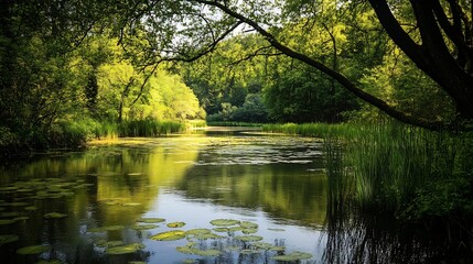 Poster - Scenic Natural Landscape with Greenery and Calm Waters at a Pond : Generative AI