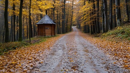 Poster - Scenic autumn road with fallen leaves leading to a rustic wooden cabin in the forest : Generative AI