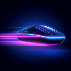 Poster - streamlined vehicle concept with neon light trails depicting futuristic motion on dark backdrop.