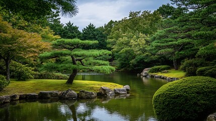Poster - Tranquil Japanese Garden Reflection with Lush Greenery and Calm Waters : Generative AI