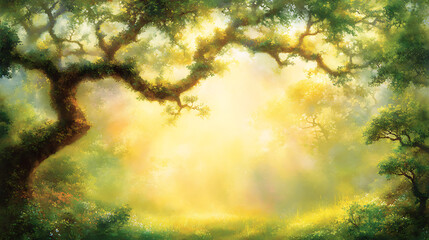 Canvas Print - Sunlight Streaming Through Enchanted Forest Canopy Lush Greenery and Ethereal Glow Painting.