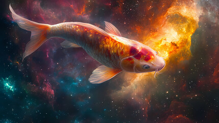 Wall Mural - Cosmic koi: a luminous, ethereal koi fish swims through a vibrant nebula, its translucent form radiating otherworldly light. digital art. Otherworldly Luminous Creatures. Illustration