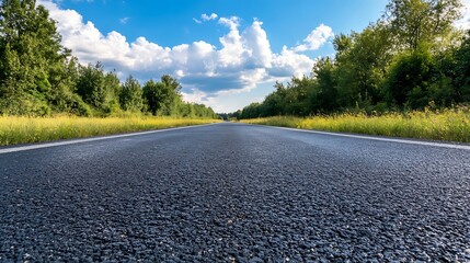 Aufkleber - Wide angle view of an open road stretching through lush greenery under a bright blue sky and clouds : Generative AI
