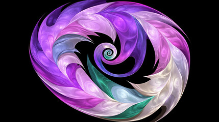 Poster - Swirling Fractal Spiral Design in Purple Teal and Cream on a Black Backdrop Abstract Art.