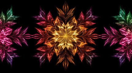 Poster - Symmetrical Floral Design with Neon Glow Effect on Dark Background Pattern Ornament Illustration.