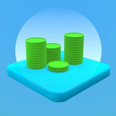 Wall Mural - Stacking Up Coins: coins stacked on a blue platform against a backdrop of a light blue gradient.