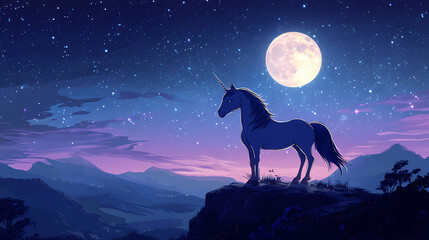 Poster - Majestic unicorn stands on hilltop under luminous full moon in serene night sky. Otherworldly Luminous Creatures. Illustration