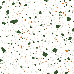 Poster - Terrazzo Stone Pattern with Green and Orange Chips on White Seamless Decorative Surface Design.