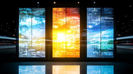 Poster - Three Digital Screens Displaying Complex Data Visualization and Futuristic Reflections.