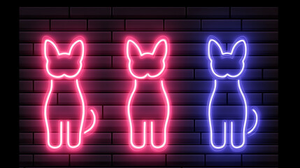 Poster - Three Neon Cat Outlines on Brick Wall Radiating Purple and Pink Modern Art.