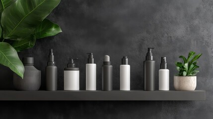 Elegant Black and White Cosmetic Bottles on Shelf with Greenery Against Dark Gray Wall