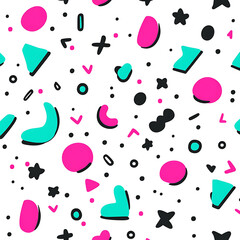 Poster - Vivid Playful Geometric Pattern with Dots Stars Crosses and Other Shapes on White Background.