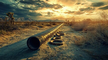 Wall Mural - Serene Desert Scene with Snake Slithering Along Pipe at Sunset