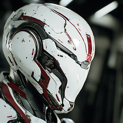 Poster - White and Red Armored Cybernetic Soldier Robot Futuristic Design Digital Render Art Illustration.