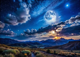 Wall Mural - Majestic Night Sky Landscape: Starry Moonlit Cloudscape Background