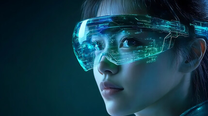 Poster - Woman Immersed in Virtual Reality with Futuristic Augmented Reality Interface Technology Concept.