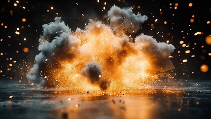 Poster - Fiery Explosion: Glowing Embers and Smoke Burst Intensely with Dramatic Sparks, Creating a Powerful Visual Spectacle