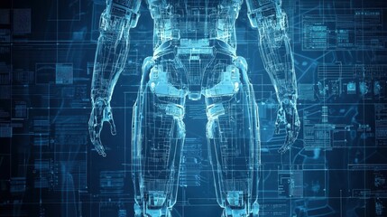 Poster - Futuristic Engineering Blueprint of a Robotic Human Figure Design
