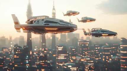 Poster - Futuristic Military Drones Flying in Formation Over Cityscape at Dusk